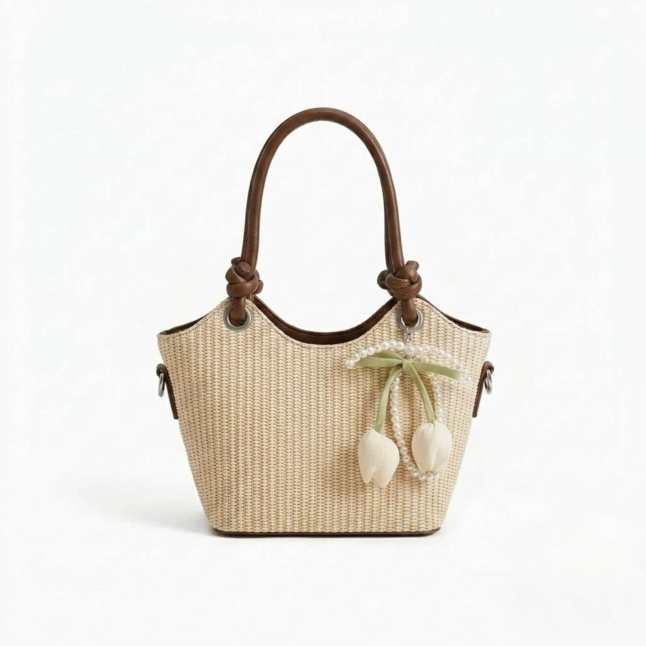 Brown Knotted Handle Floral Charm Handbag