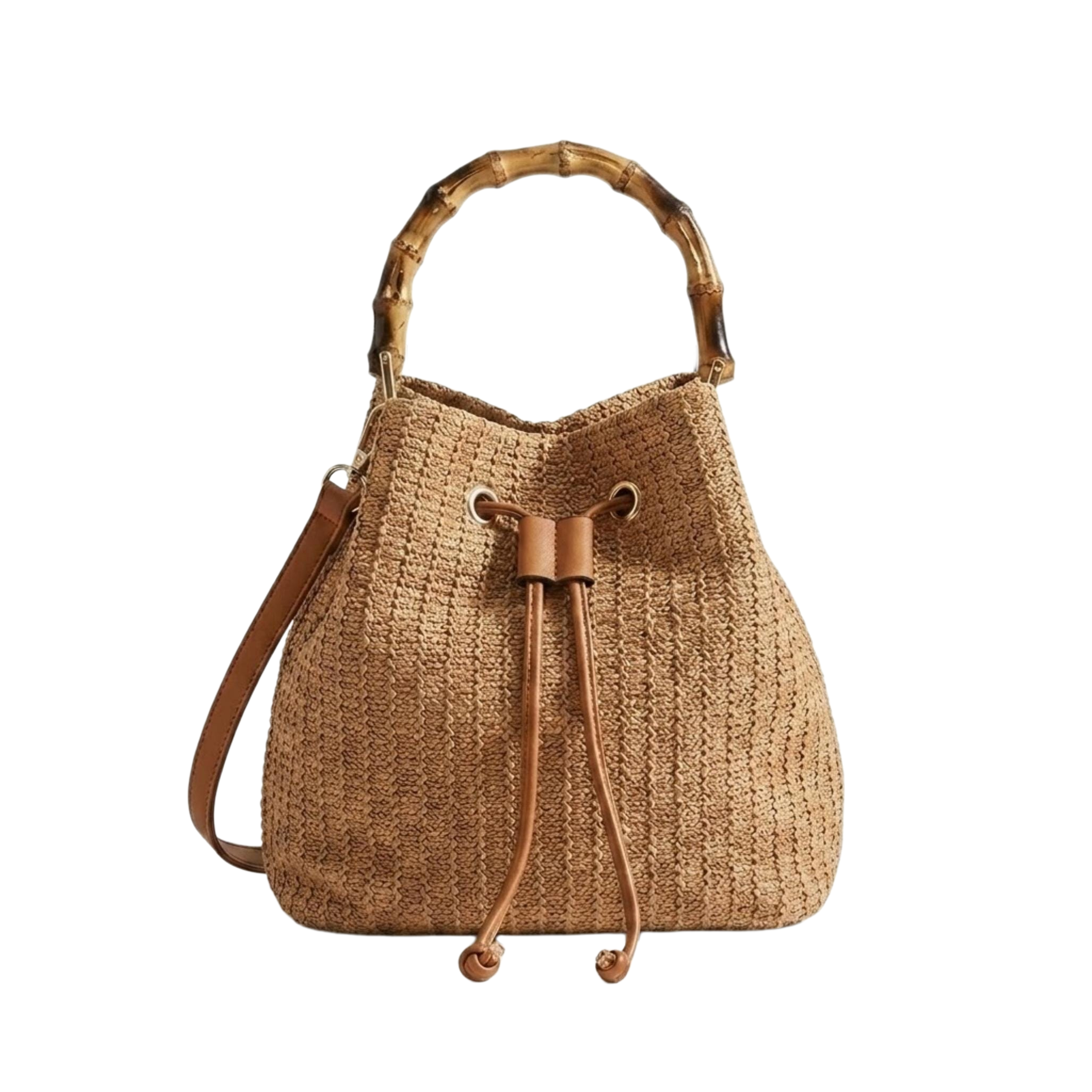 Brown Woven Straw Bucket Bag