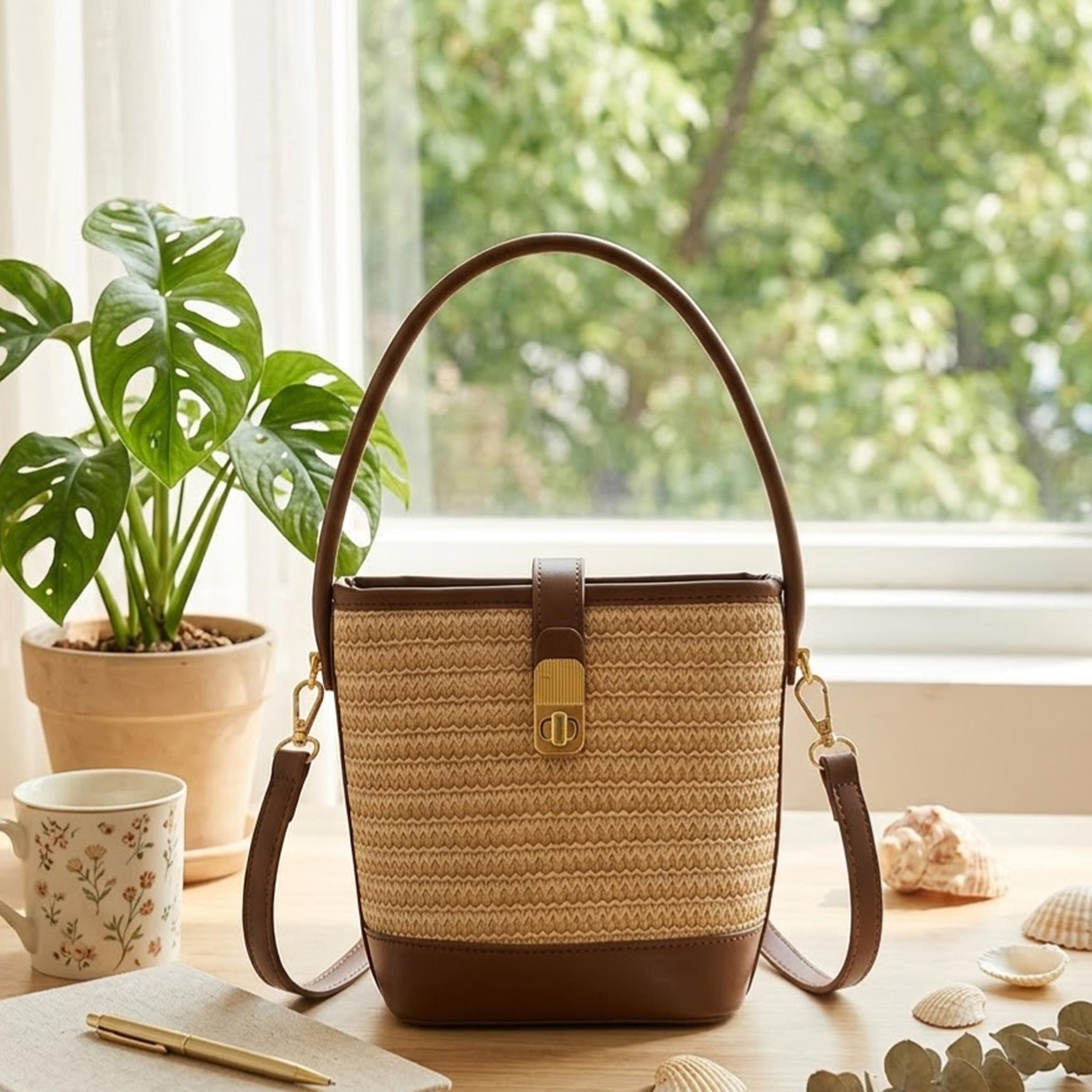 Beige Woven Bucket Shoulder Bag