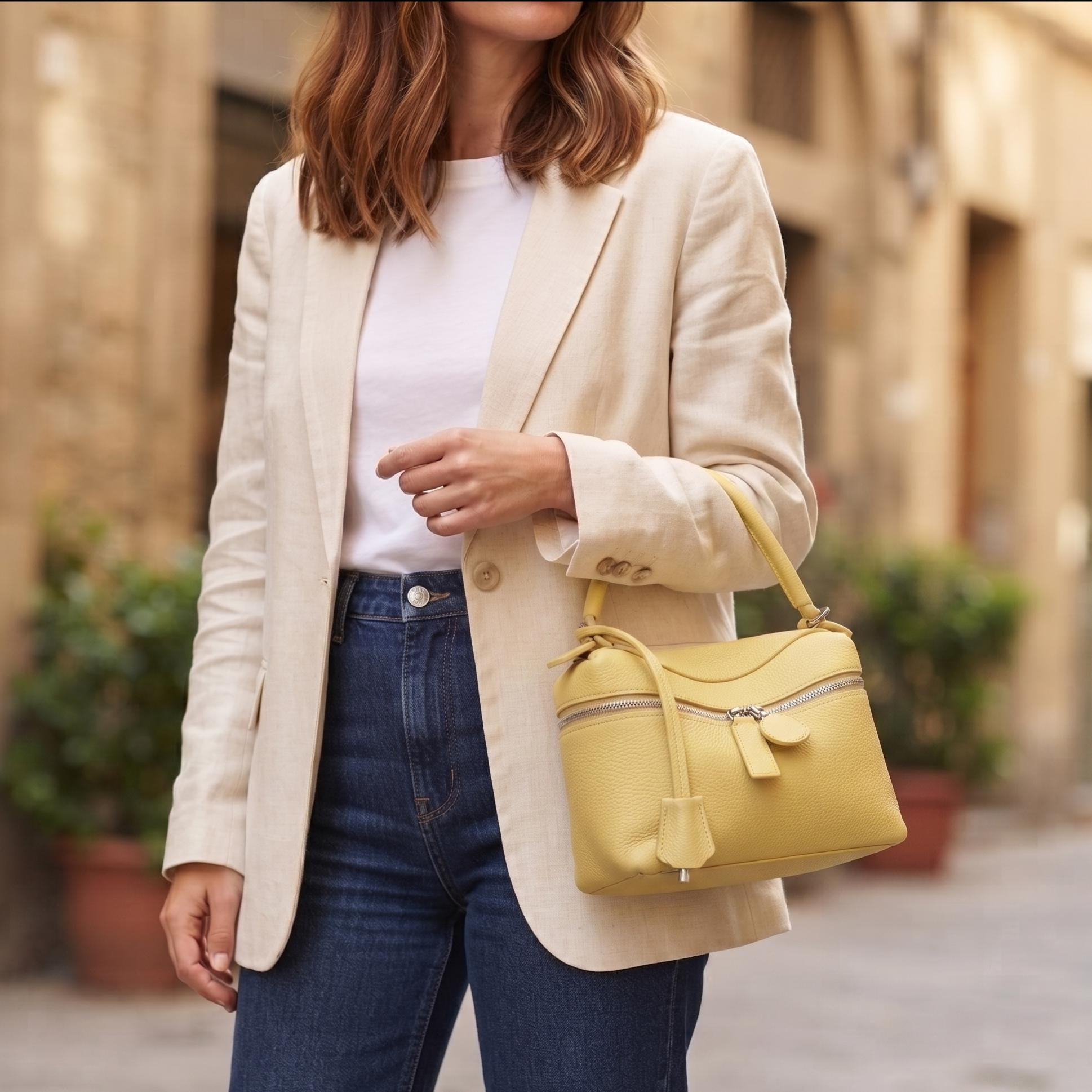 Yellow Pebbled PU Leather Satchel Bag