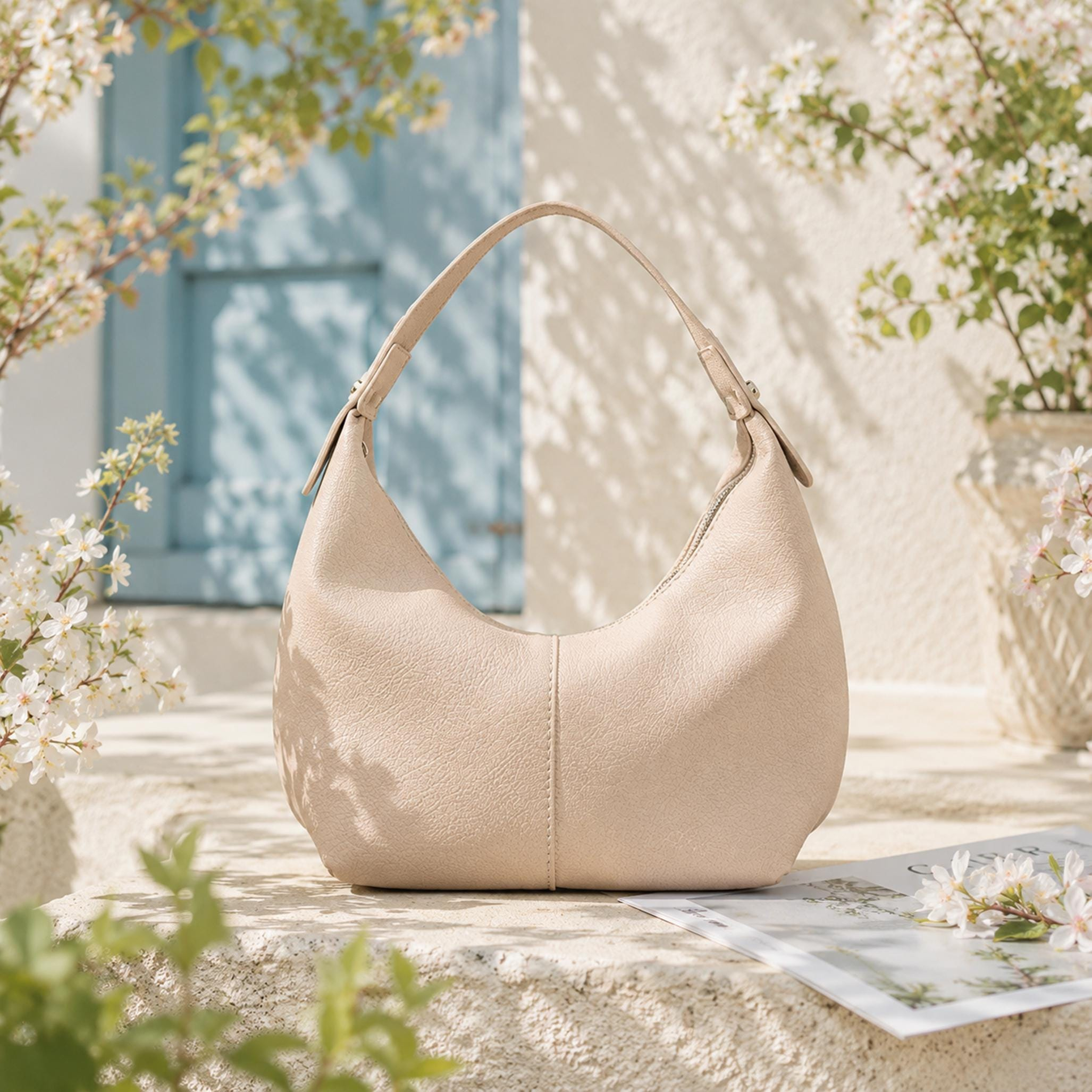 Beige Textured Hobo Shoulder Bag