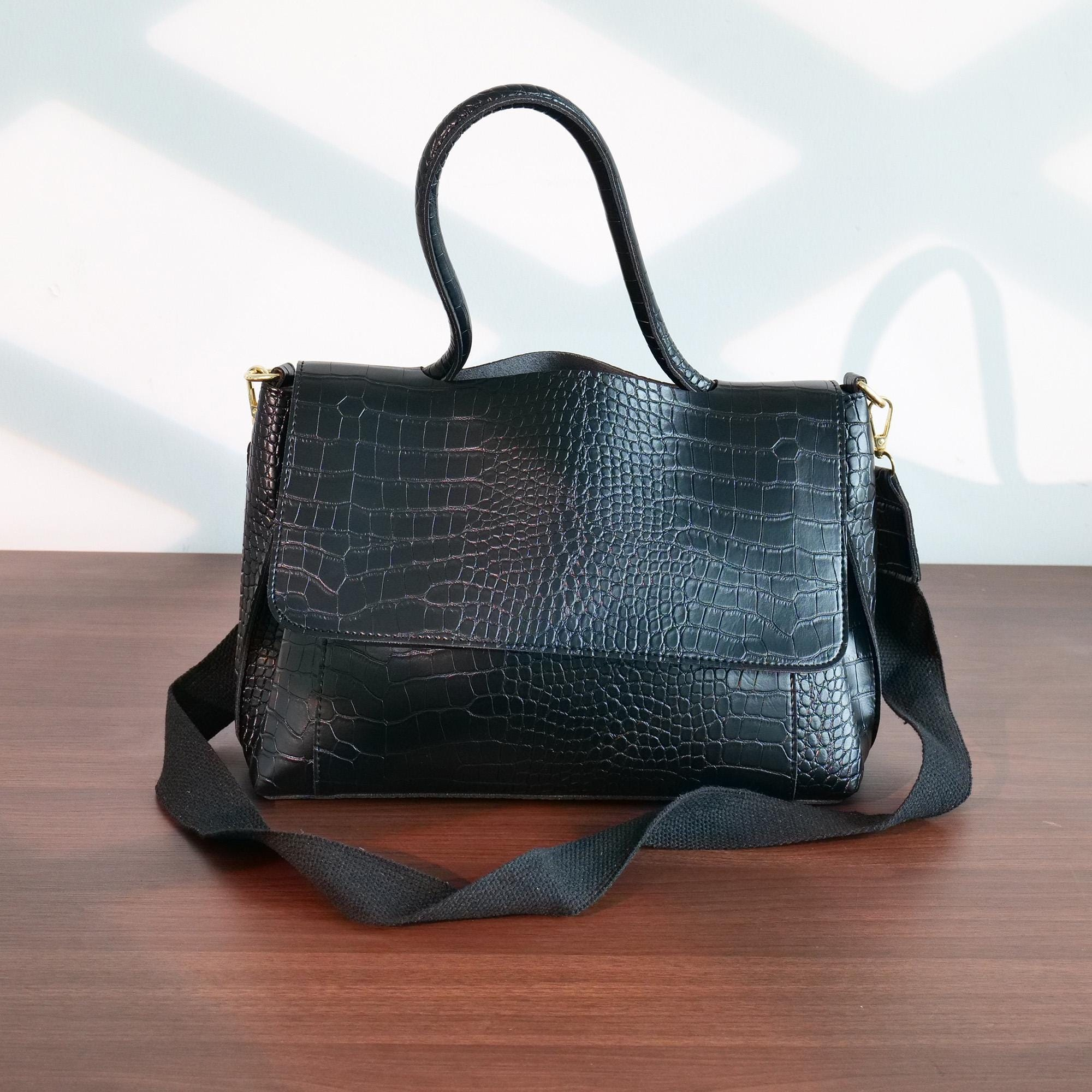 Black Crocodile-Embossed Tote Bag