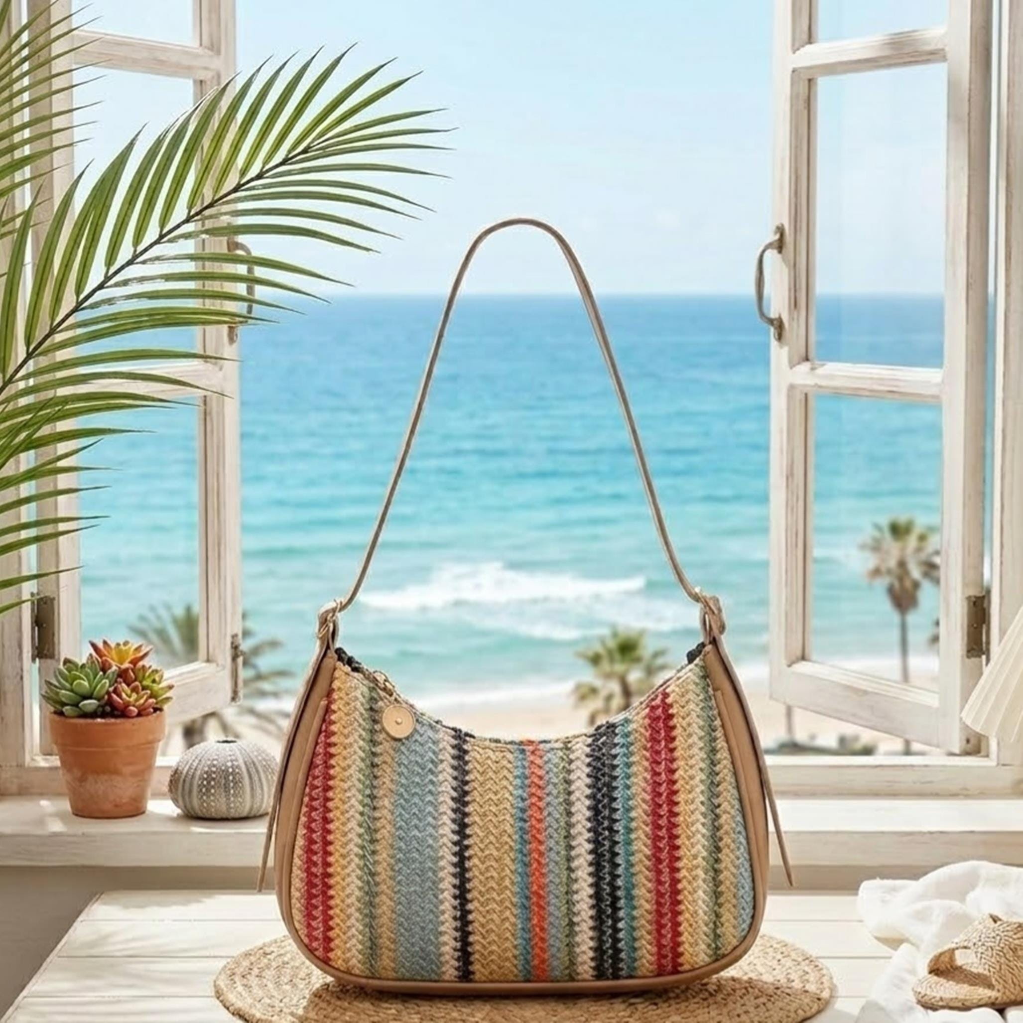 Multicolor Striped Woven Shoulder Bag