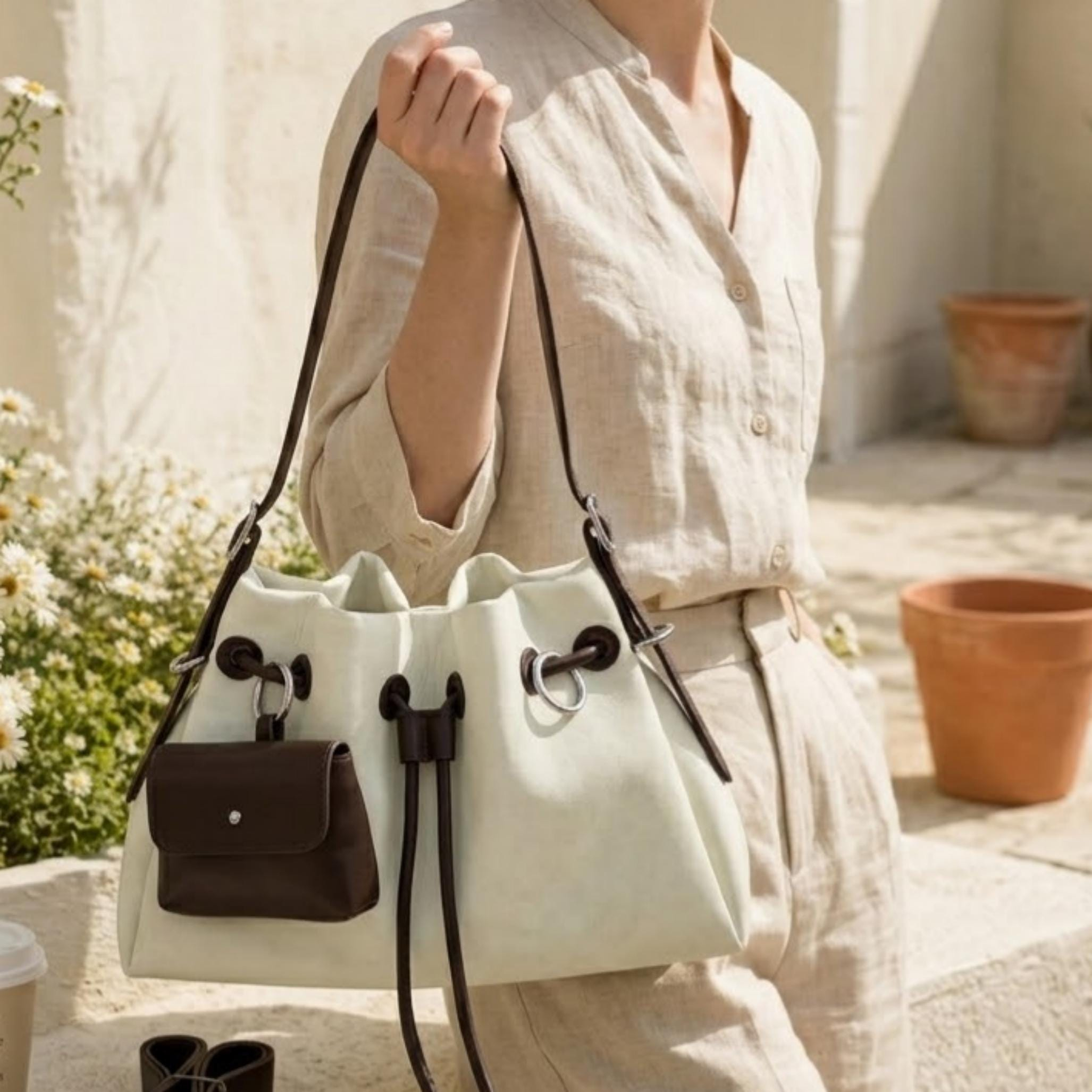 Ivory Drawstring Shoulder Bag
